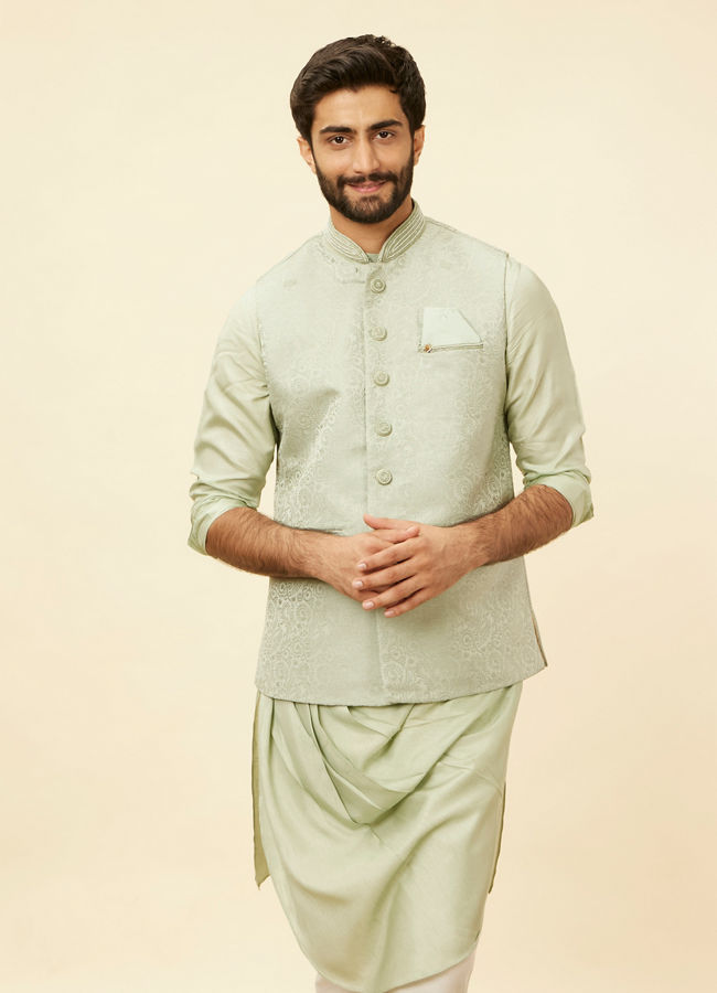 alt message - Manyavar Men Tea Green Bel Buti Patterned Drape Detailed Kurta Jacket Set image number 0